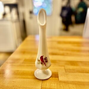 Hand painted Vintage Fenton milk glass swung vase red Cardinal & pinecones Xmas